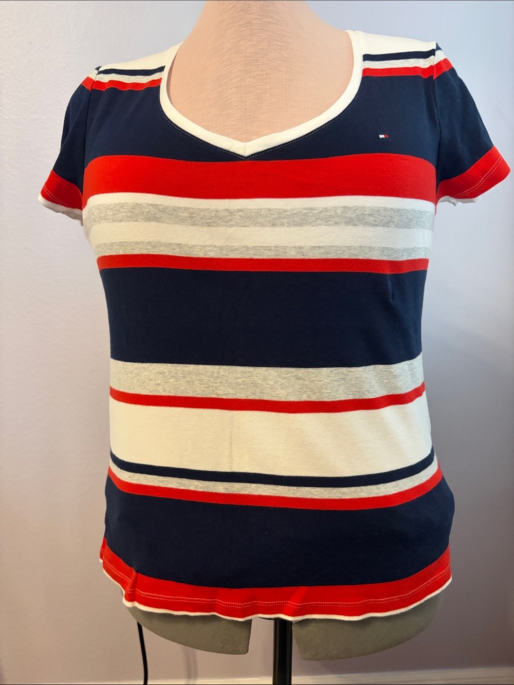 Tommy Hilfiger Navy, Red & White Striped V-Neck Short Sleeve Tee